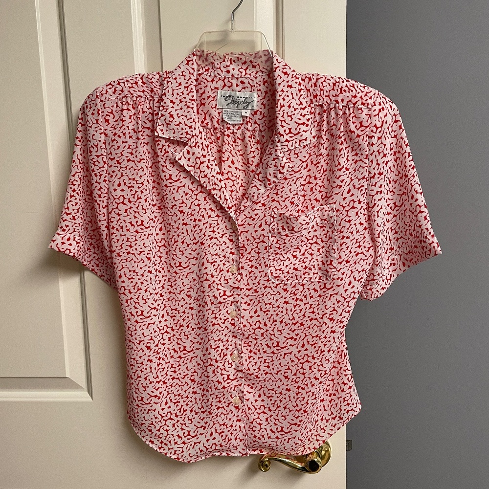 Kathy Comelli Short Sleeve Red White Button Down Top, Womens M